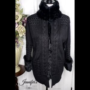 Essentiel Antwerp Black Wool Cable Knit Faux Mink Trimmed Cardigan